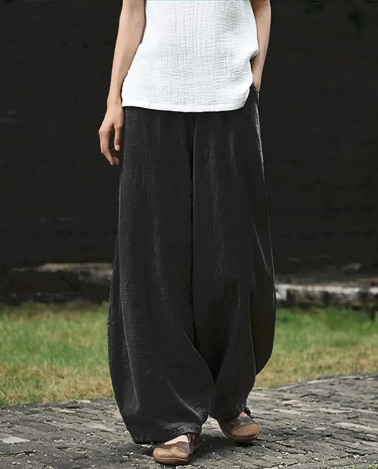 Cargo Japanese Pants for Women Soild Cotton Linen Wide Leg Pants Casual Fall Baggy Lantern Trouser with Pockets