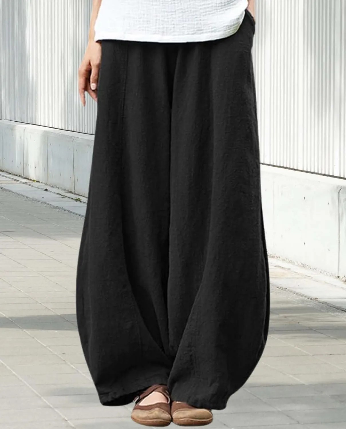 Cargo Japanese Pants for Women Soild Cotton Linen Wide Leg Pants Casual Fall Baggy Lantern Trouser with Pockets