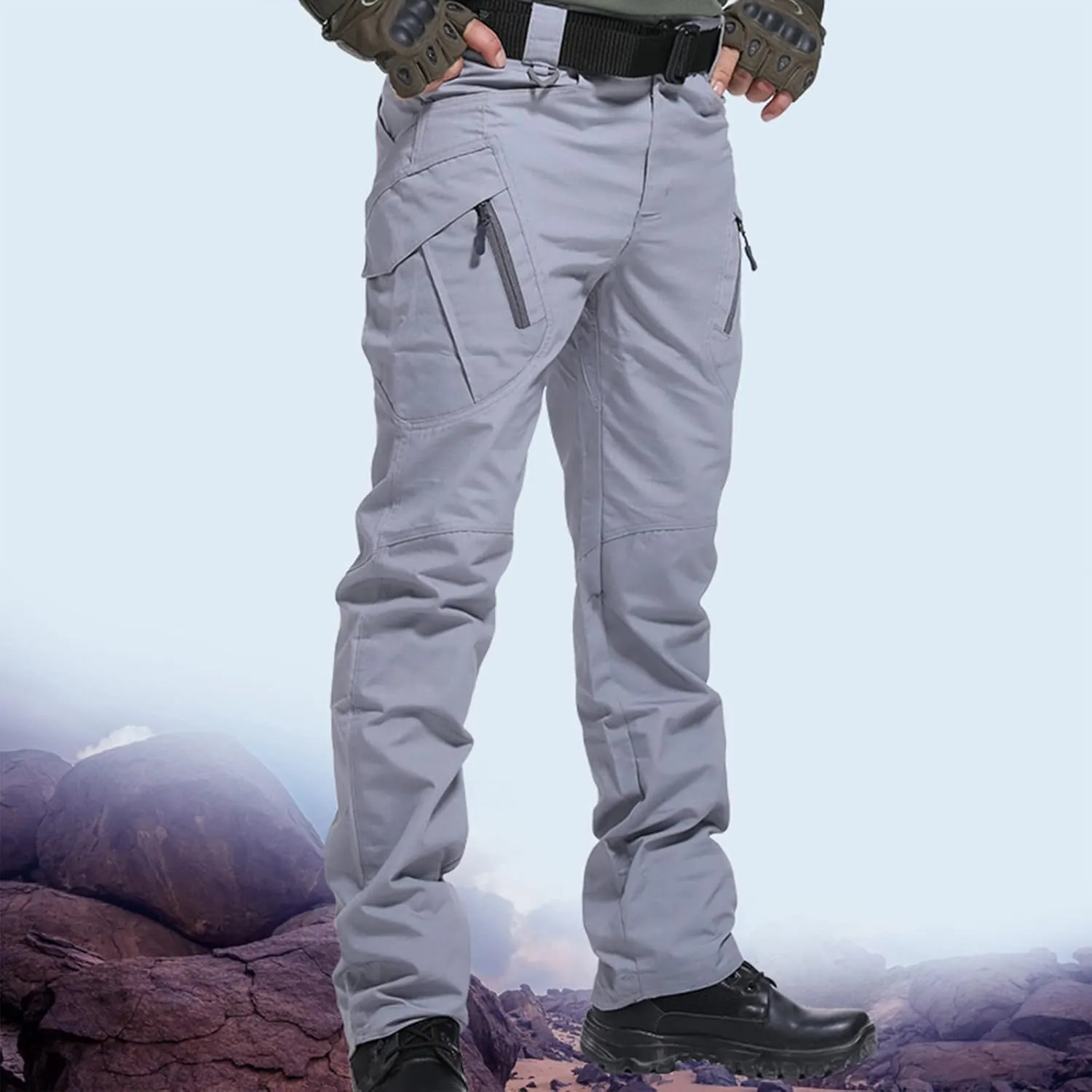 Cargo Pants for Men Parachute Streetwear Casual Straight Leg Pants Slim Fit Outdoor Hiking Pants with Zipper Pockets