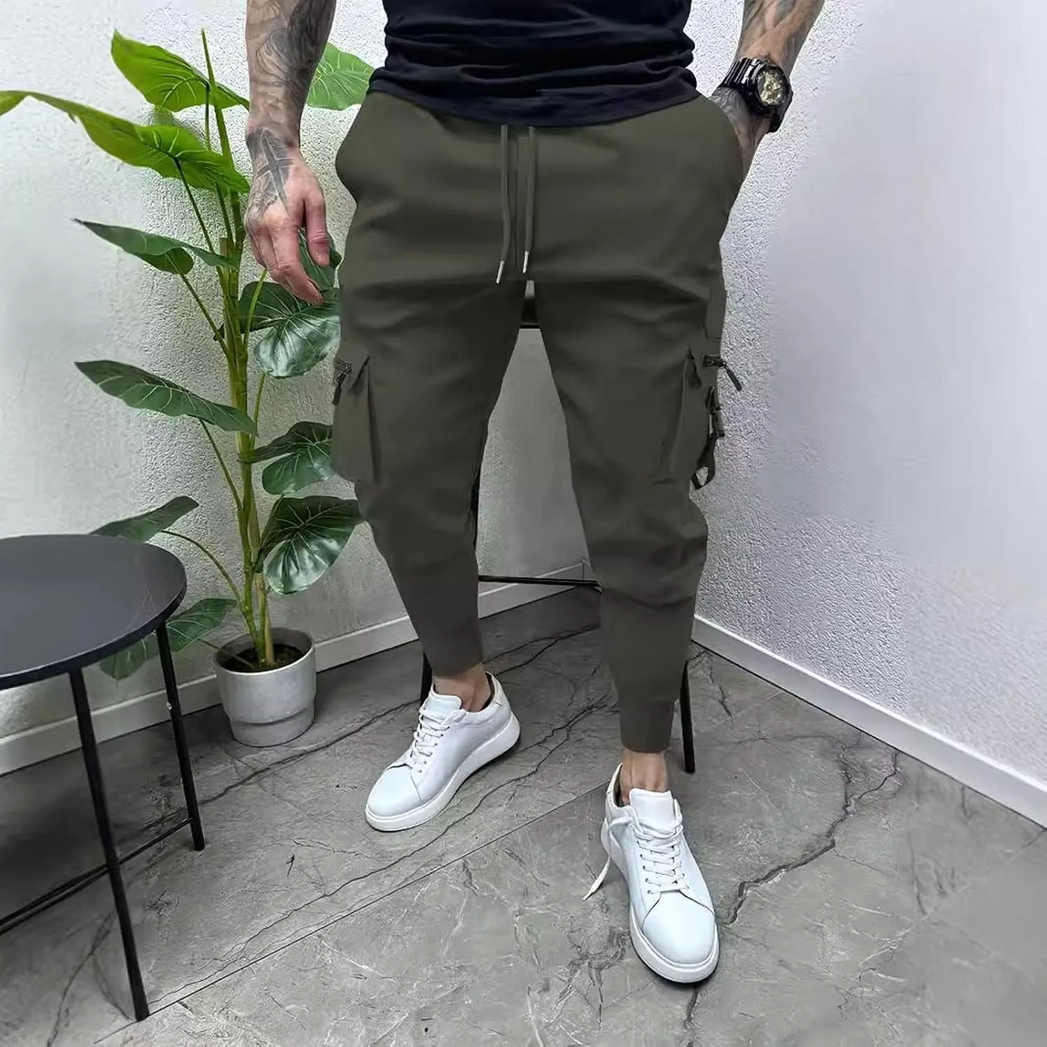 Cargo Pants for Men Slim Fit Stretch Joggers Pant Elastic Waist Drawstring Tapered Work Trousers with Multi Pockets