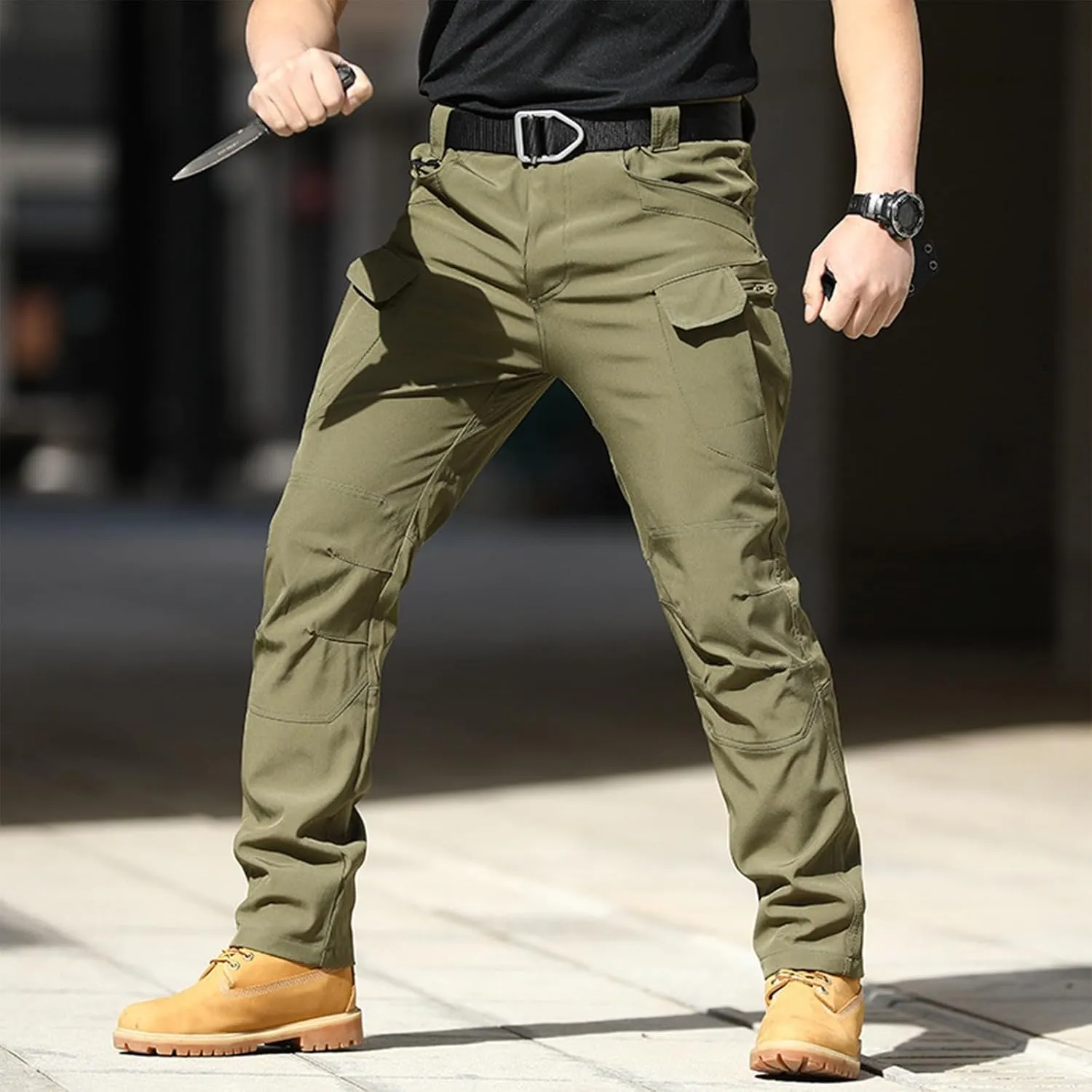 Cargo Pants for Men Straight Leg Slim Fit Pants Waterproof Casual Pants with Multi Pocket Elastic Waist Pants