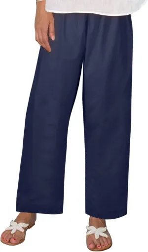 Casual Linen Trousers for Women Solid Color Straight Leg Elastic Waist Loose Comfy Travel Pants Autumn Outdoor Slacks
