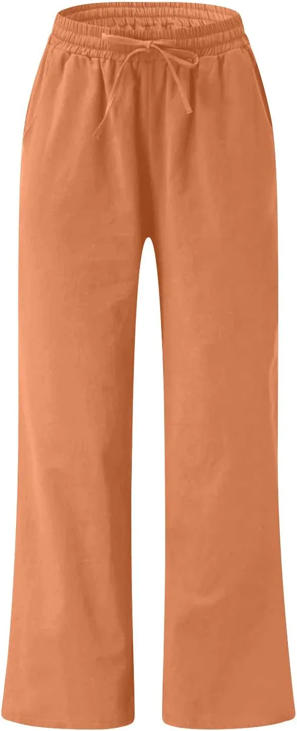 Ceboyel Womens Drawstring Linen Pants Wide Leg Lounge Trousers High Waist Palazzo Pants Boho Ladies Summer Outfits 2023