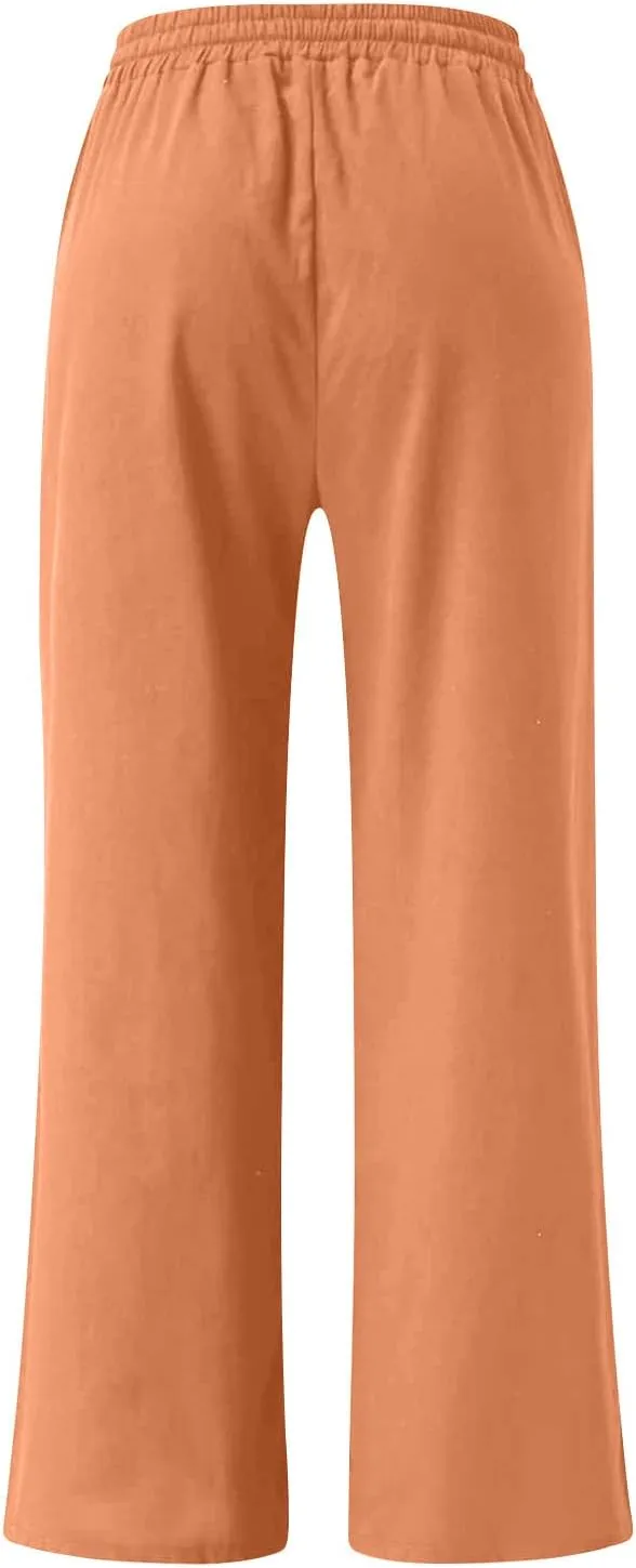 Ceboyel Womens Drawstring Linen Pants Wide Leg Lounge Trousers High Waist Palazzo Pants Boho Ladies Summer Outfits 2023