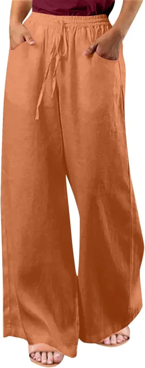 Ceboyel Womens Drawstring Linen Pants Wide Leg Lounge Trousers High Waist Palazzo Pants Boho Ladies Summer Outfits 2023