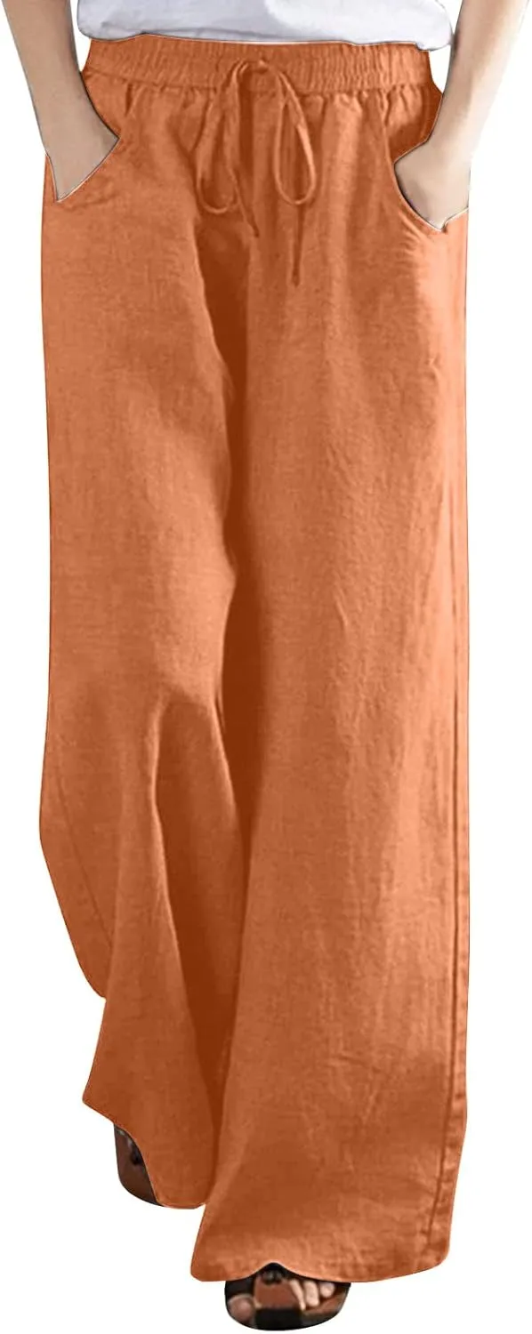 Ceboyel Womens Drawstring Linen Pants Wide Leg Lounge Trousers High Waist Palazzo Pants Boho Ladies Summer Outfits 2023