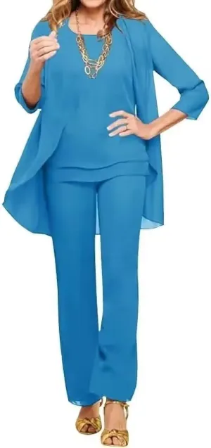 Chiffon Mother of The Bride Pant Suits Petite 3 Pieces Formal Outfit Sets for Women Evening Party