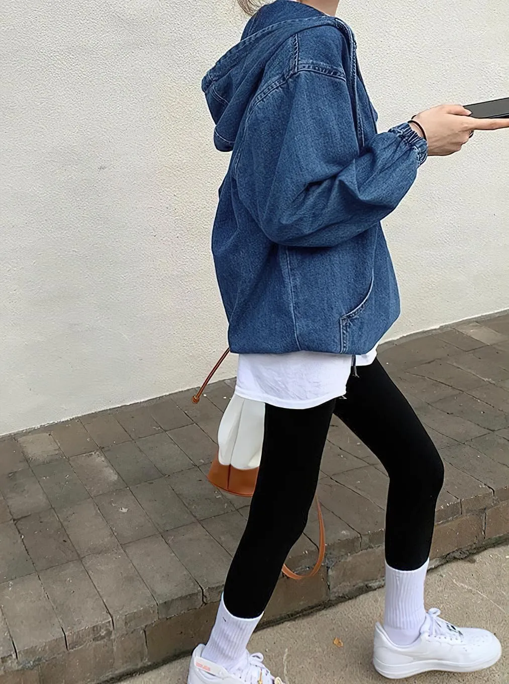 chouyatou Women Hooded 1/2 Button Down Pullover Denim Jacket Hoodie Boyfriend Casual Jean Sweatshirt Top