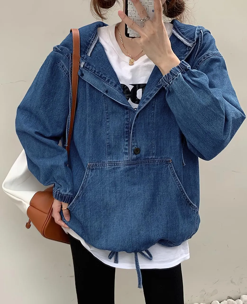 chouyatou Women Hooded 1/2 Button Down Pullover Denim Jacket Hoodie Boyfriend Casual Jean Sweatshirt Top