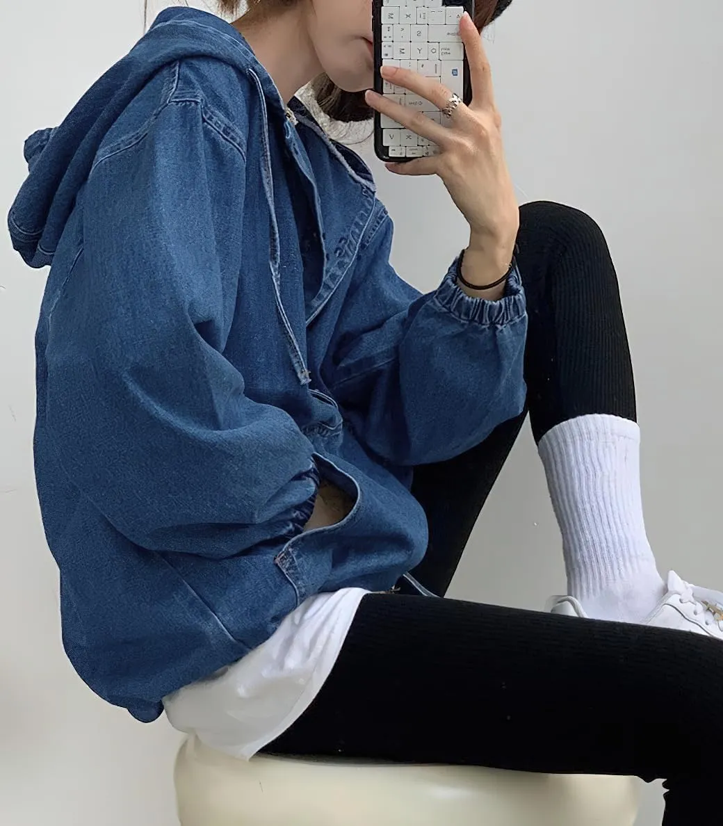 chouyatou Women Hooded 1/2 Button Down Pullover Denim Jacket Hoodie Boyfriend Casual Jean Sweatshirt Top