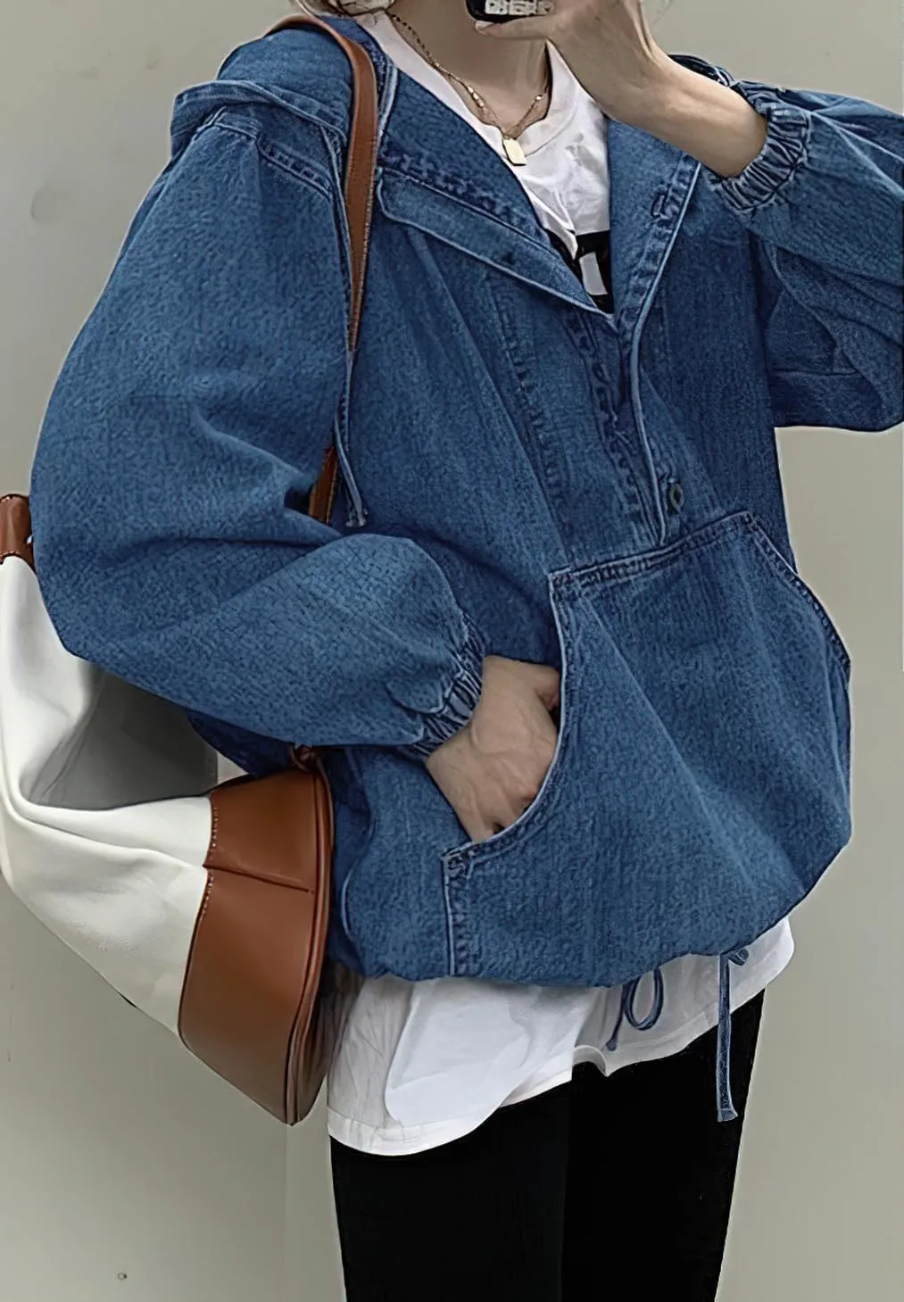 chouyatou Women Hooded 1/2 Button Down Pullover Denim Jacket Hoodie Boyfriend Casual Jean Sweatshirt Top