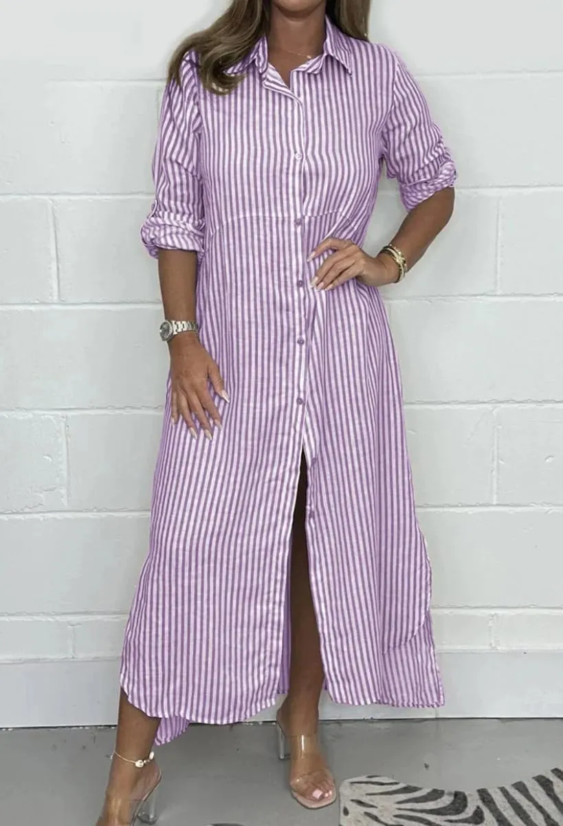 chouyatou Women's Long Sleeve Striped Shirt Dress Casual Loose Button Down Maxi Long Tunic Dress