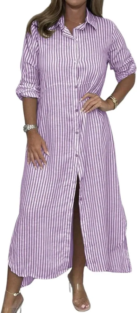 chouyatou Women's Long Sleeve Striped Shirt Dress Casual Loose Button Down Maxi Long Tunic Dress