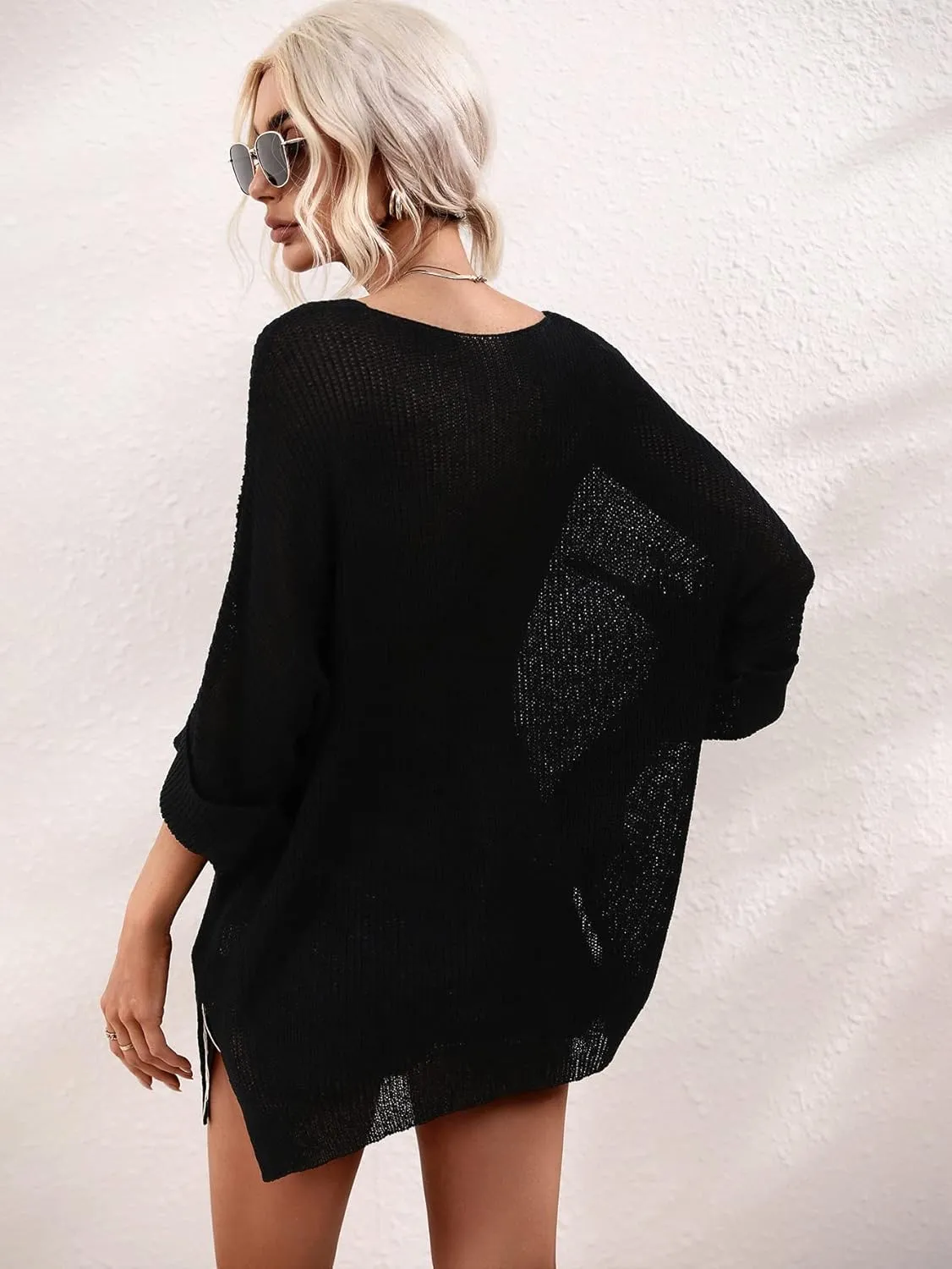 chouyatou Women's Oversized Short Sleeve Crochet Sweater Tops Beach Cover Up Summer T-Shirt