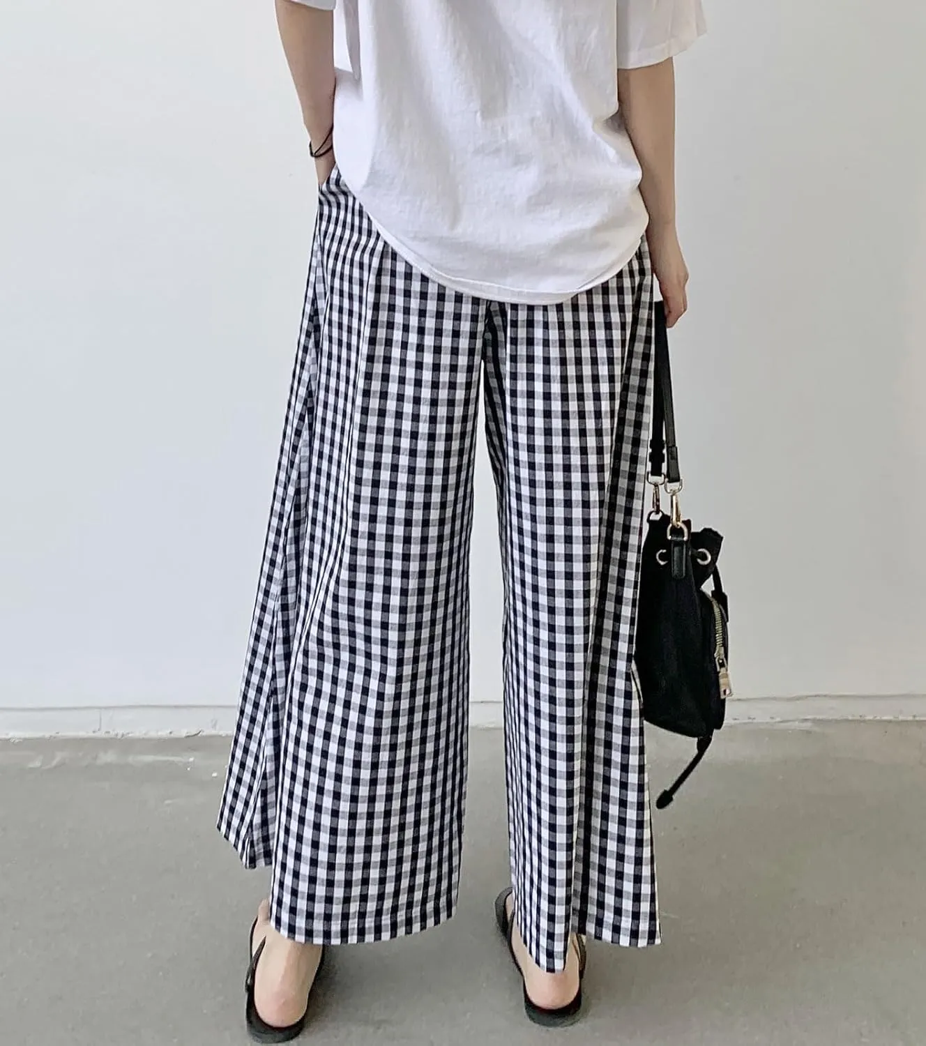 chouyatou Women's Plaid Wide Leg Culotte Pants Gingham High Elastic Waisted Cropped Palazzo Pants with Pockets