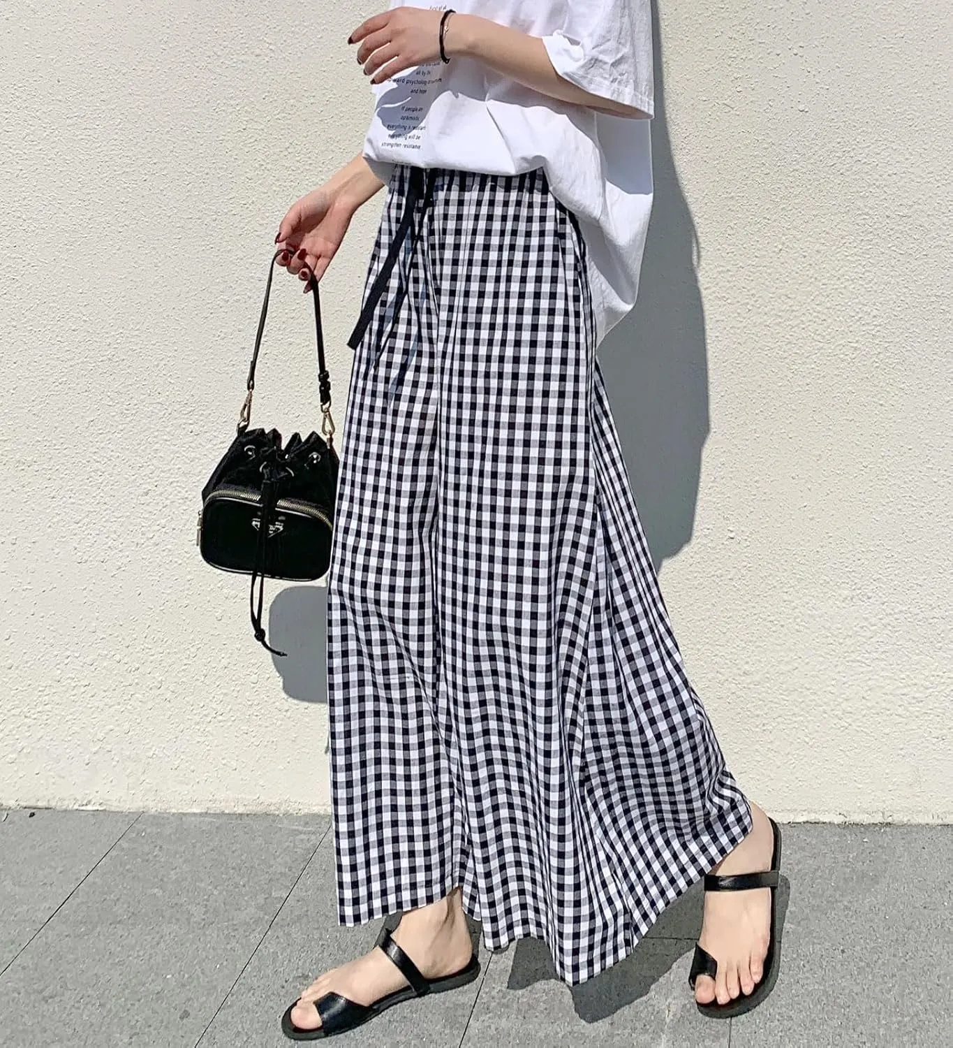 chouyatou Women's Plaid Wide Leg Culotte Pants Gingham High Elastic Waisted Cropped Palazzo Pants with Pockets