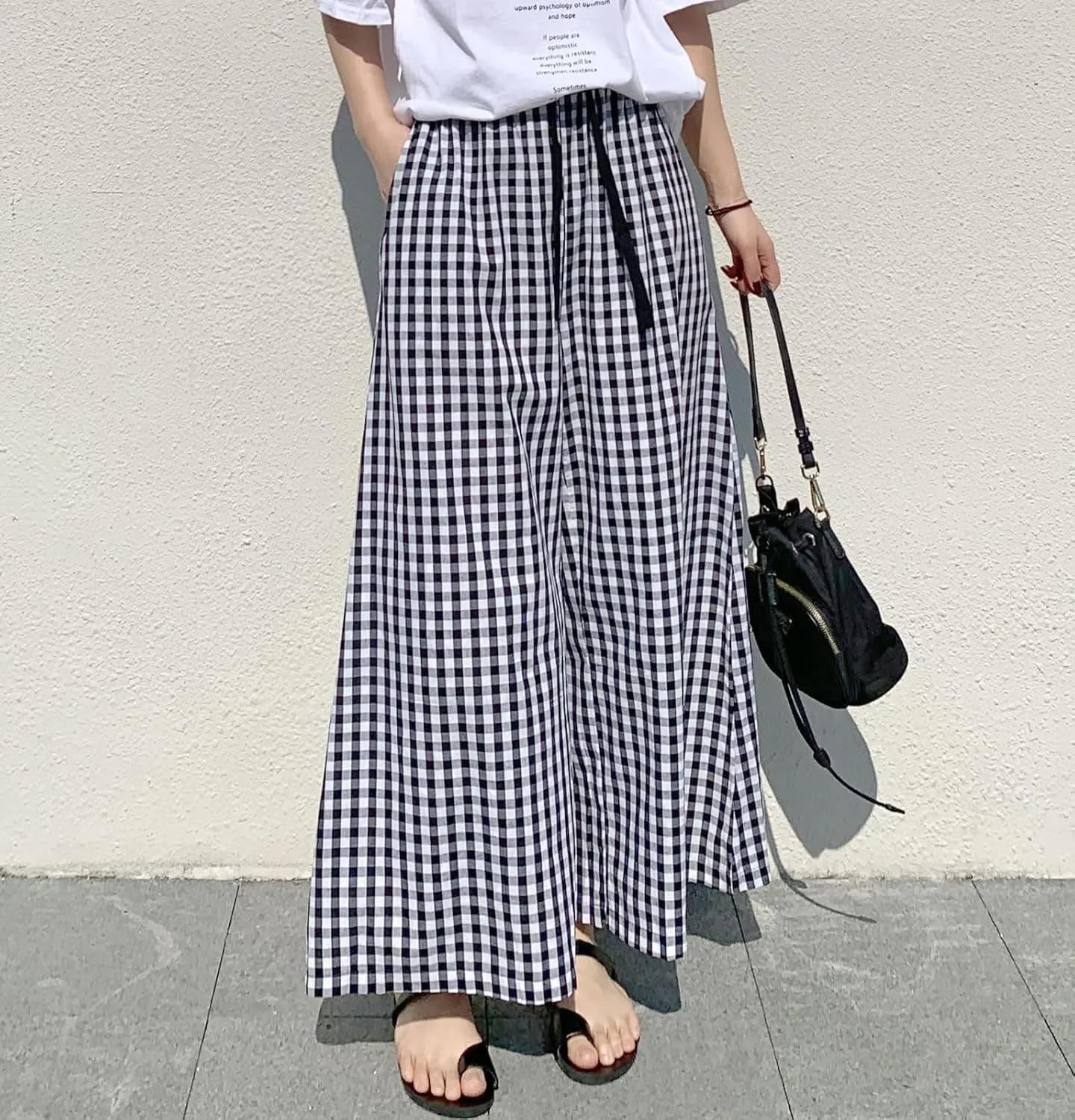 chouyatou Women's Plaid Wide Leg Culotte Pants Gingham High Elastic Waisted Cropped Palazzo Pants with Pockets