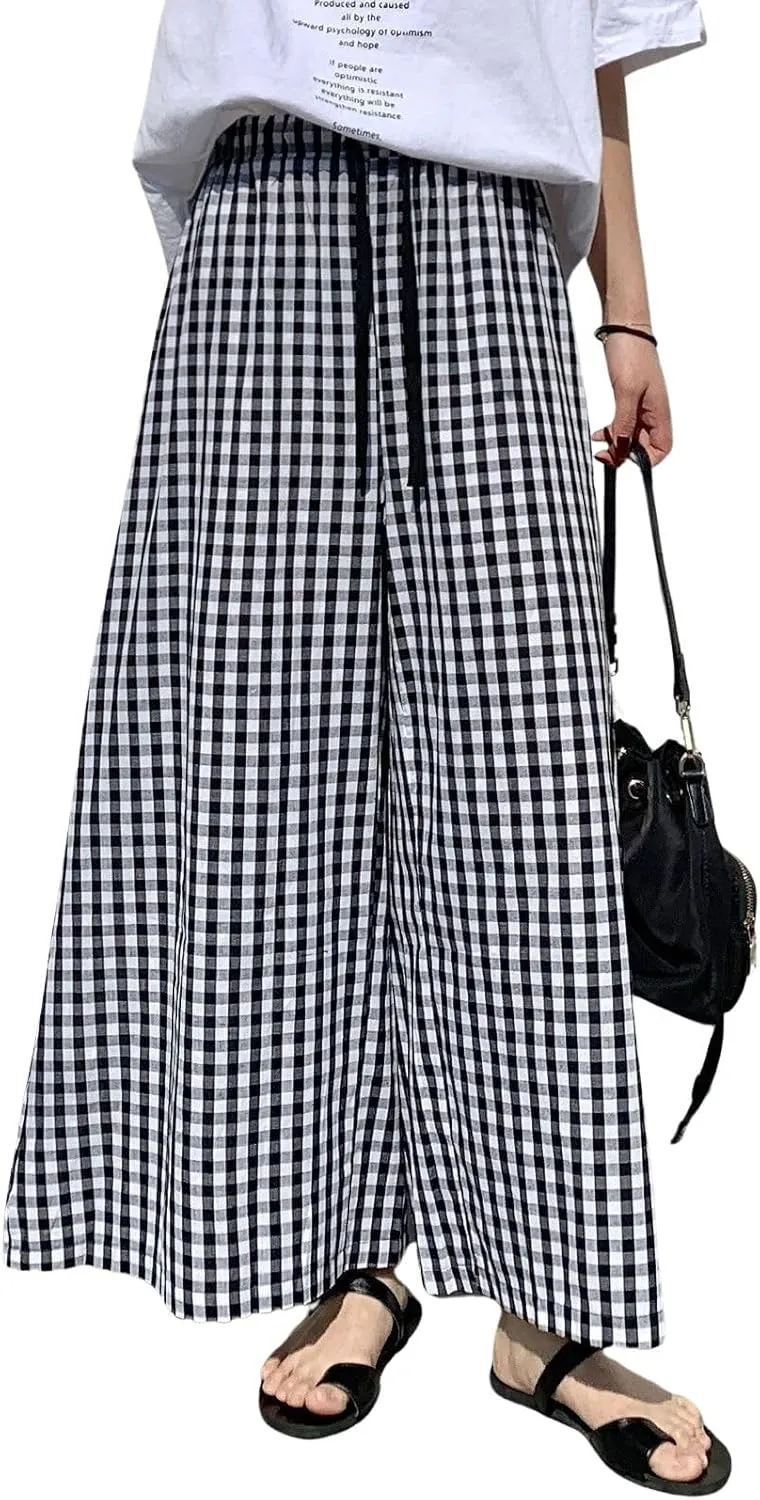chouyatou Women's Plaid Wide Leg Culotte Pants Gingham High Elastic Waisted Cropped Palazzo Pants with Pockets