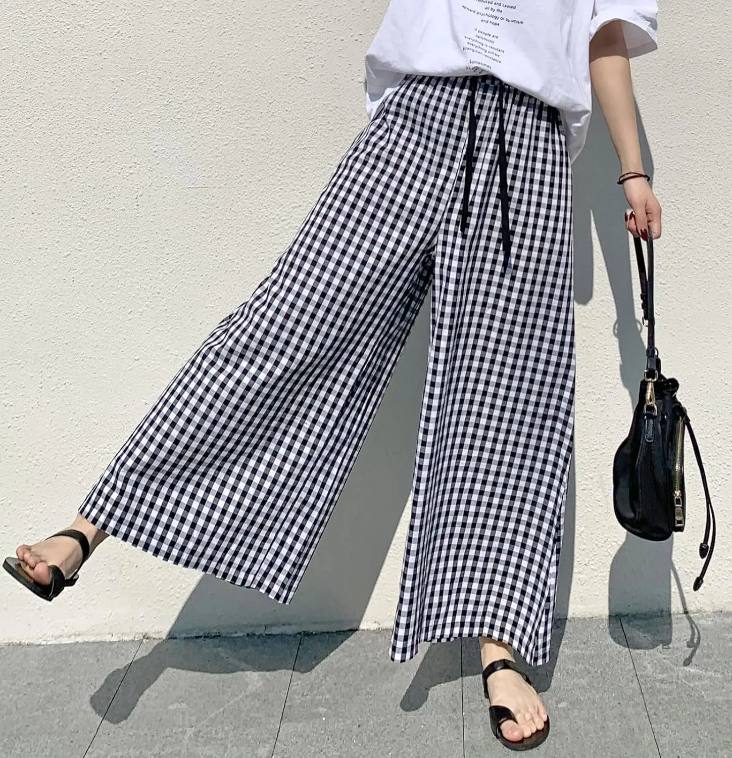 chouyatou Women's Plaid Wide Leg Culotte Pants Gingham High Elastic Waisted Cropped Palazzo Pants with Pockets