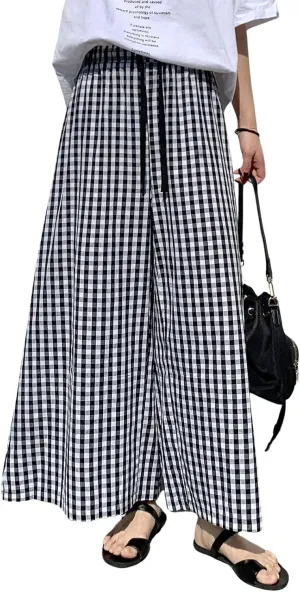 chouyatou Women's Plaid Wide Leg Culotte Pants Gingham High Elastic Waisted Cropped Palazzo Pants with Pockets