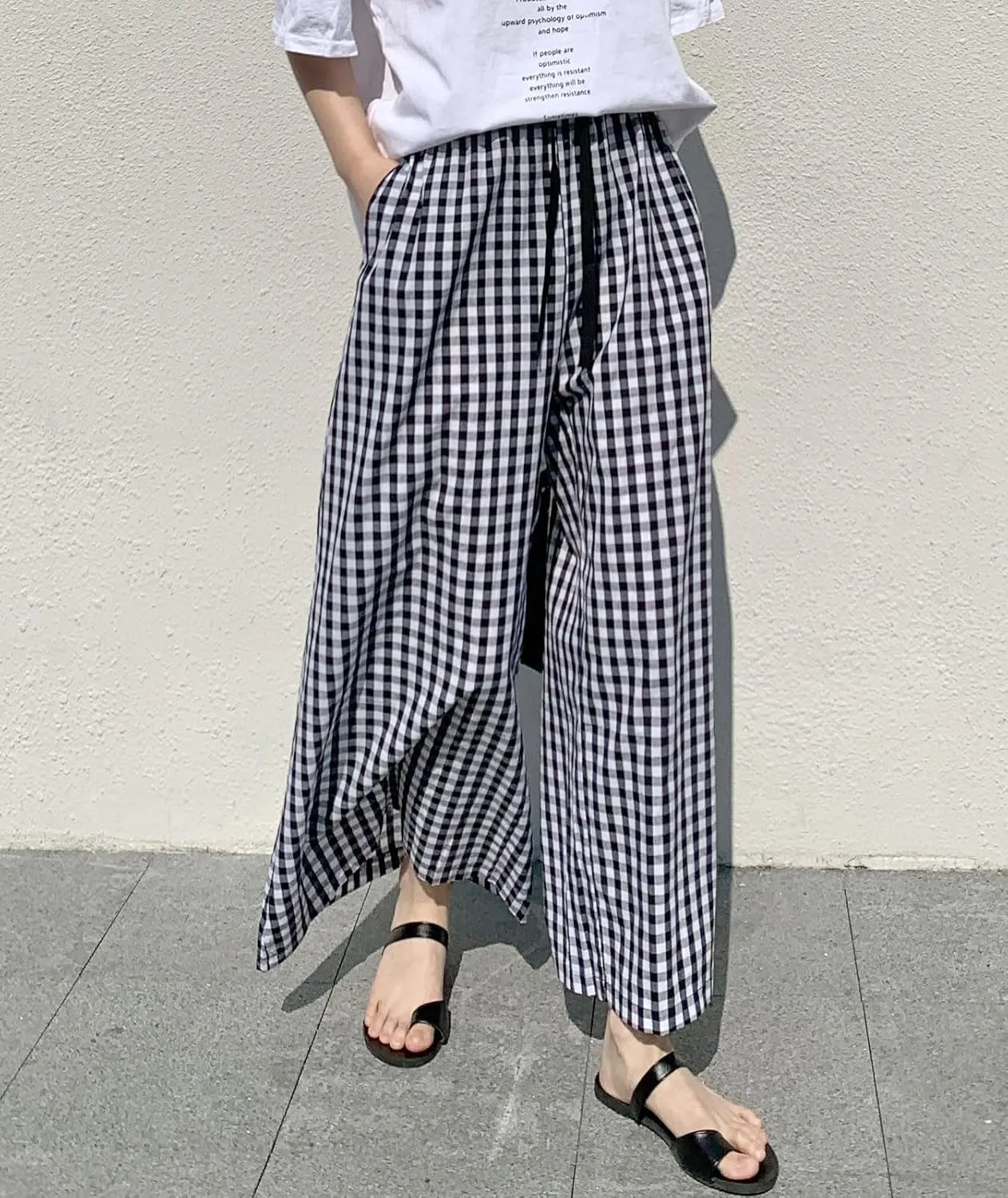 chouyatou Women's Plaid Wide Leg Culotte Pants Gingham High Elastic Waisted Cropped Palazzo Pants with Pockets