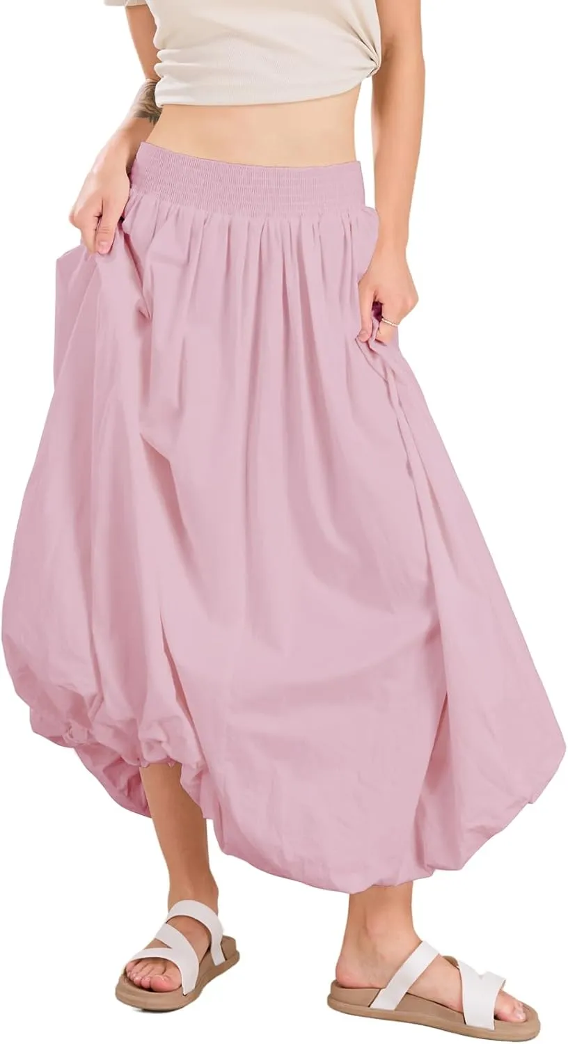 chouyatou Women's Summer Y2k Bubble Maxi Long Skirt Puffy Ruffle High Waist A-Line Smocked Skirt