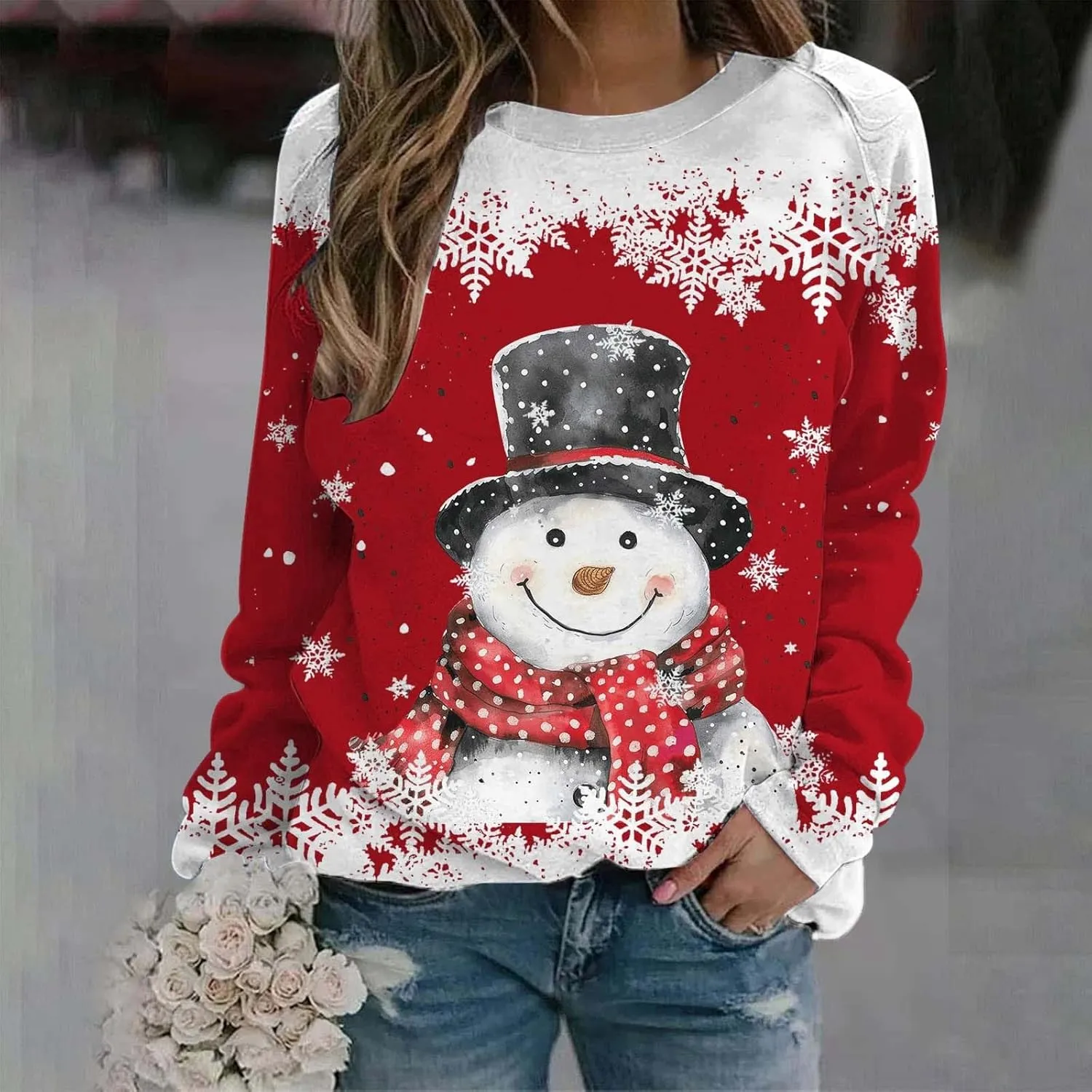 Christmas Sweatshirts for Women 2024 Fleece Graphic Oversized Crewneck Sweatshirt Casual Long Sleeve Tops Pullover
