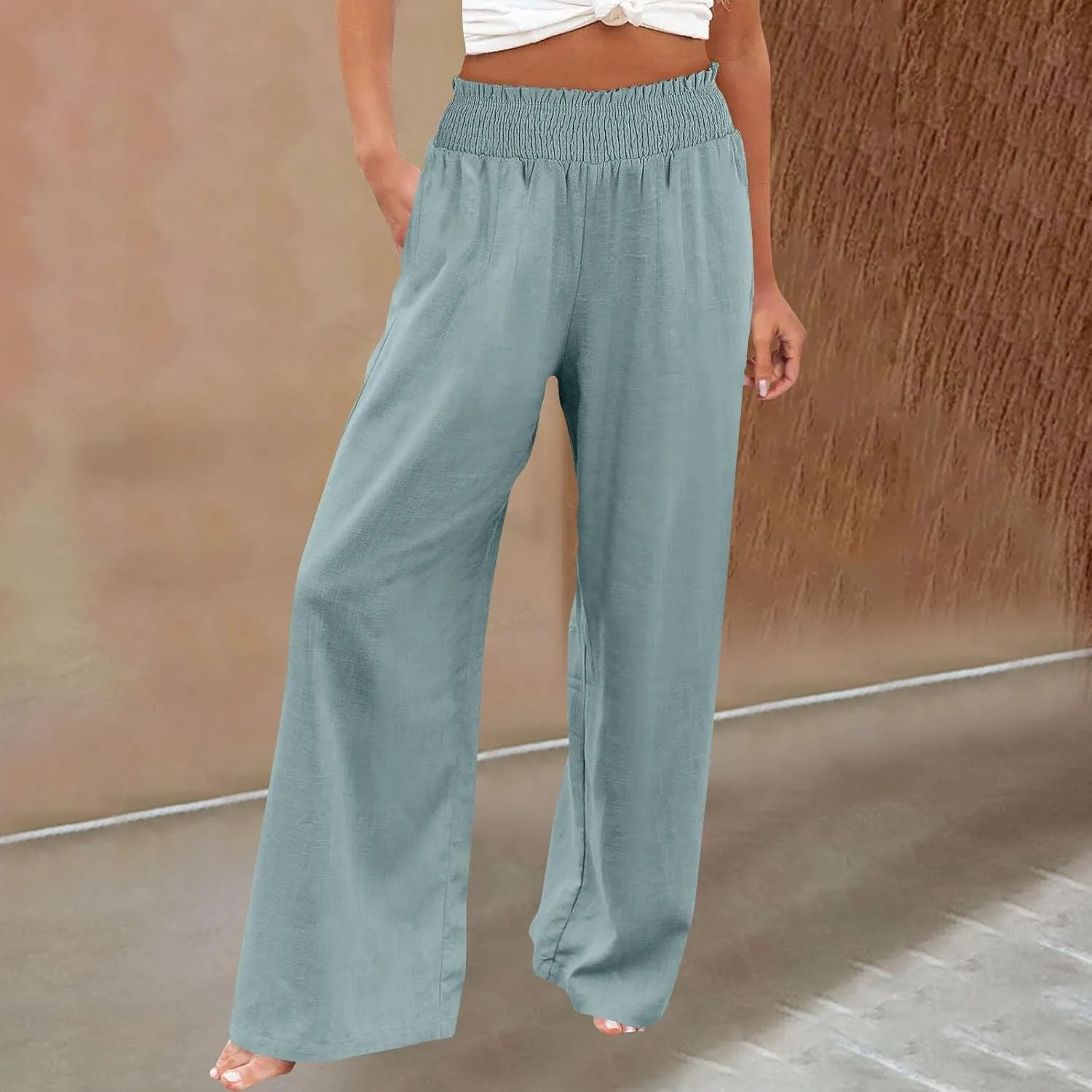 Clothes for Women Women Linen Palazzo Pants Wide Leg High Waist Summer Casual Boho Trousers Travel