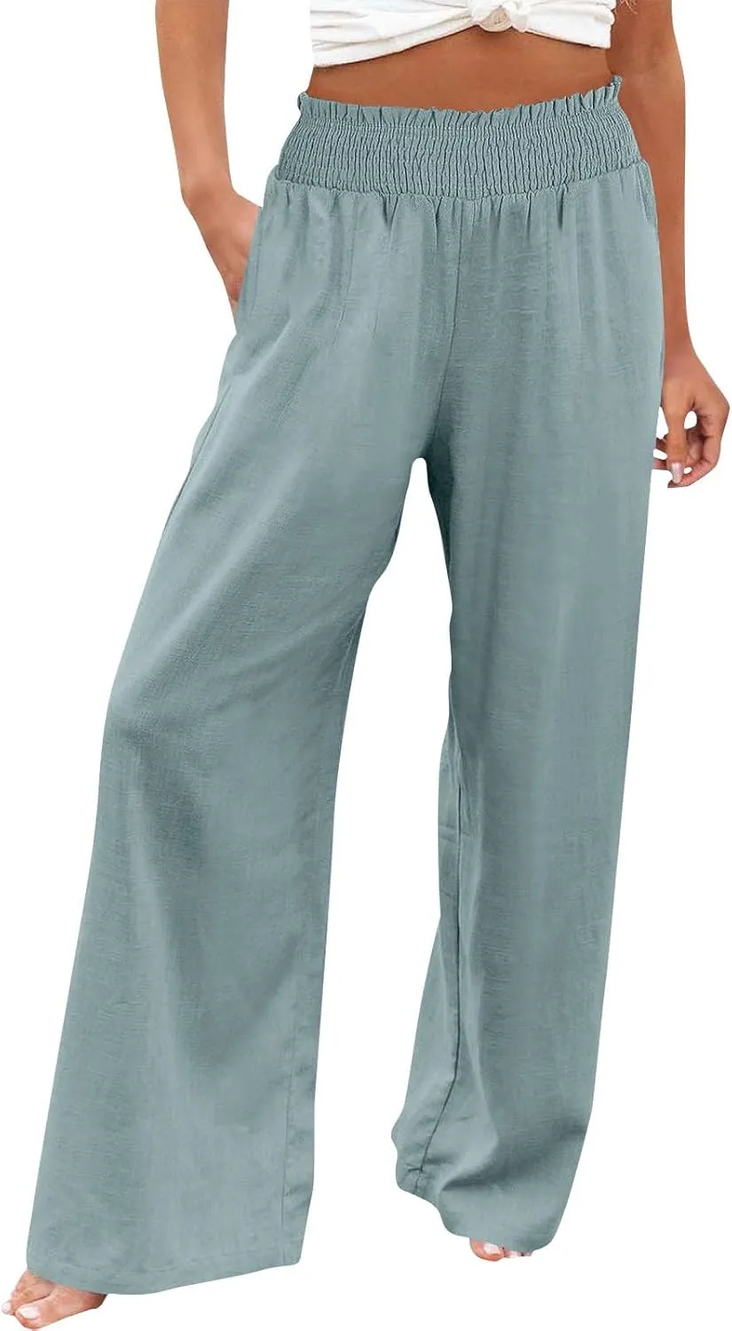 Clothes for Women Women Linen Palazzo Pants Wide Leg High Waist Summer Casual Boho Trousers Travel