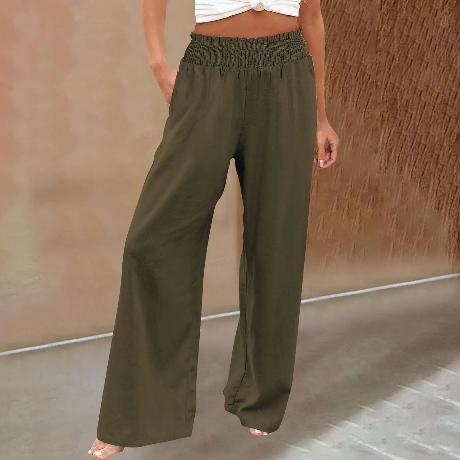 Clothes for Women Women Linen Palazzo Pants Wide Leg High Waist Summer Casual Boho Trousers Travel