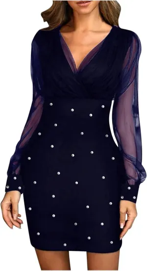 Cocktail Dress for Women,2024 Elegant Sexy Wrap V Neck Skinny Party Dress,Trendy Mesh Patchwork Long Sleeve Dress