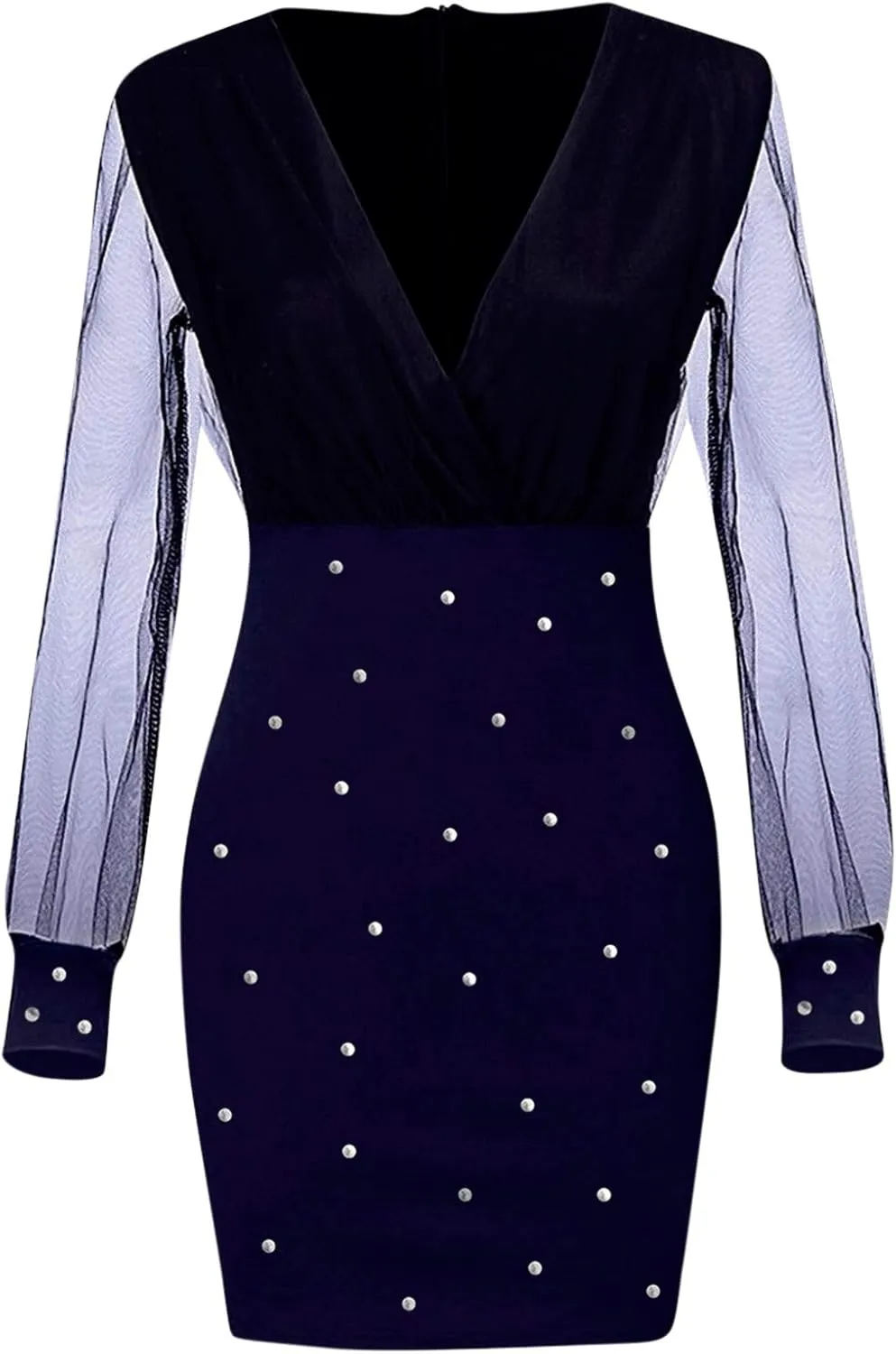 Cocktail Dress for Women,2024 Elegant Sexy Wrap V Neck Skinny Party Dress,Trendy Mesh Patchwork Long Sleeve Dress