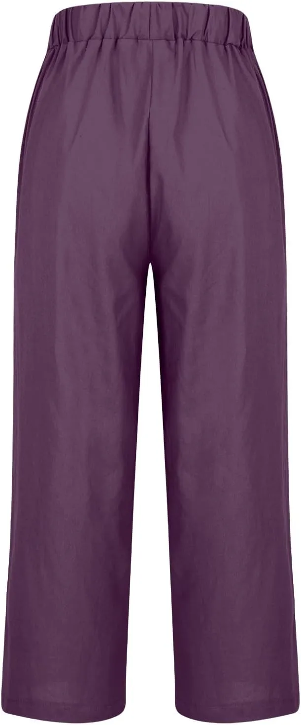Comfy Womans Dress Pants Summer Loose Cotton Linen Pants Vacation Casual Beach Trousers Flowy Slacks with Pockets