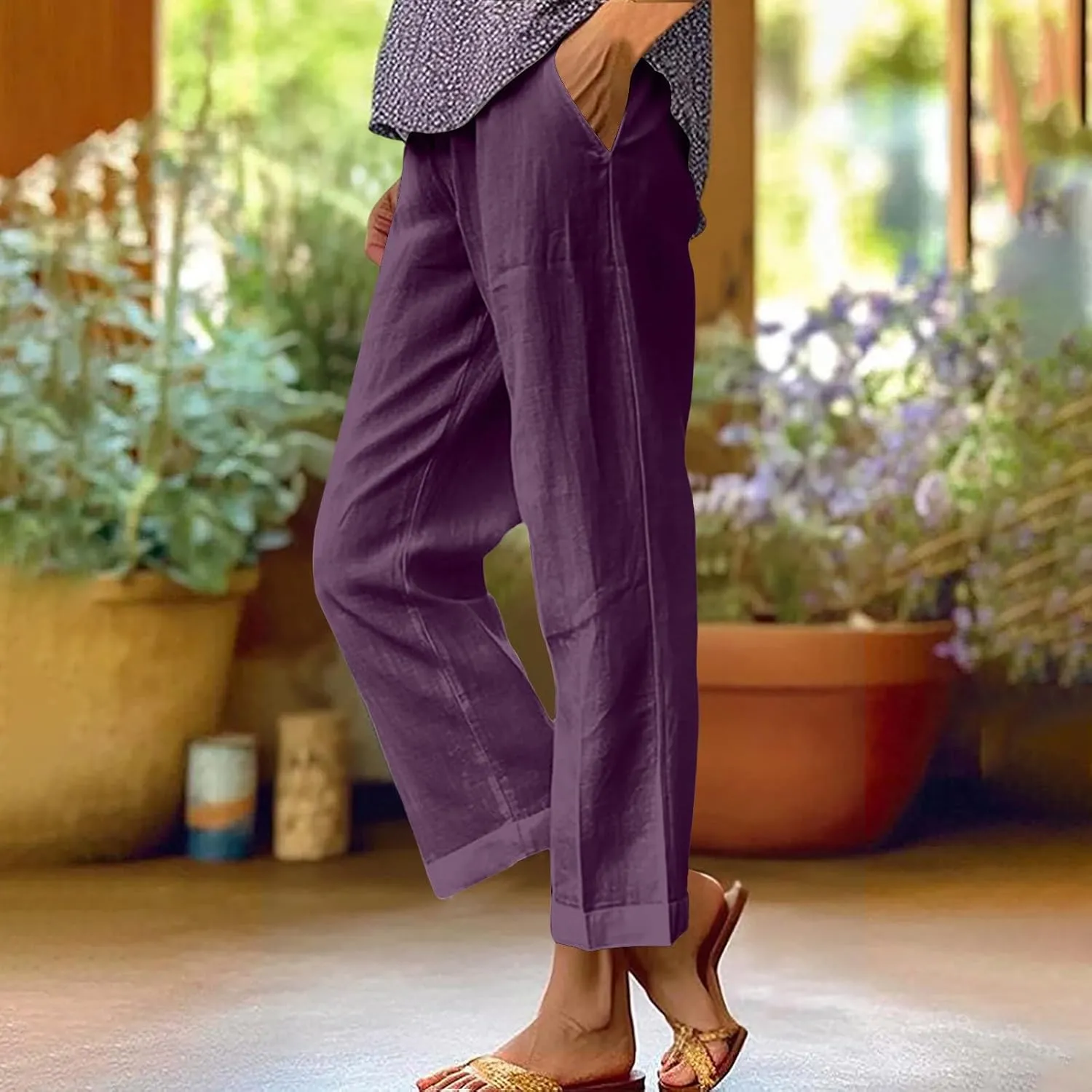 Comfy Womans Dress Pants Summer Loose Cotton Linen Pants Vacation Casual Beach Trousers Flowy Slacks with Pockets