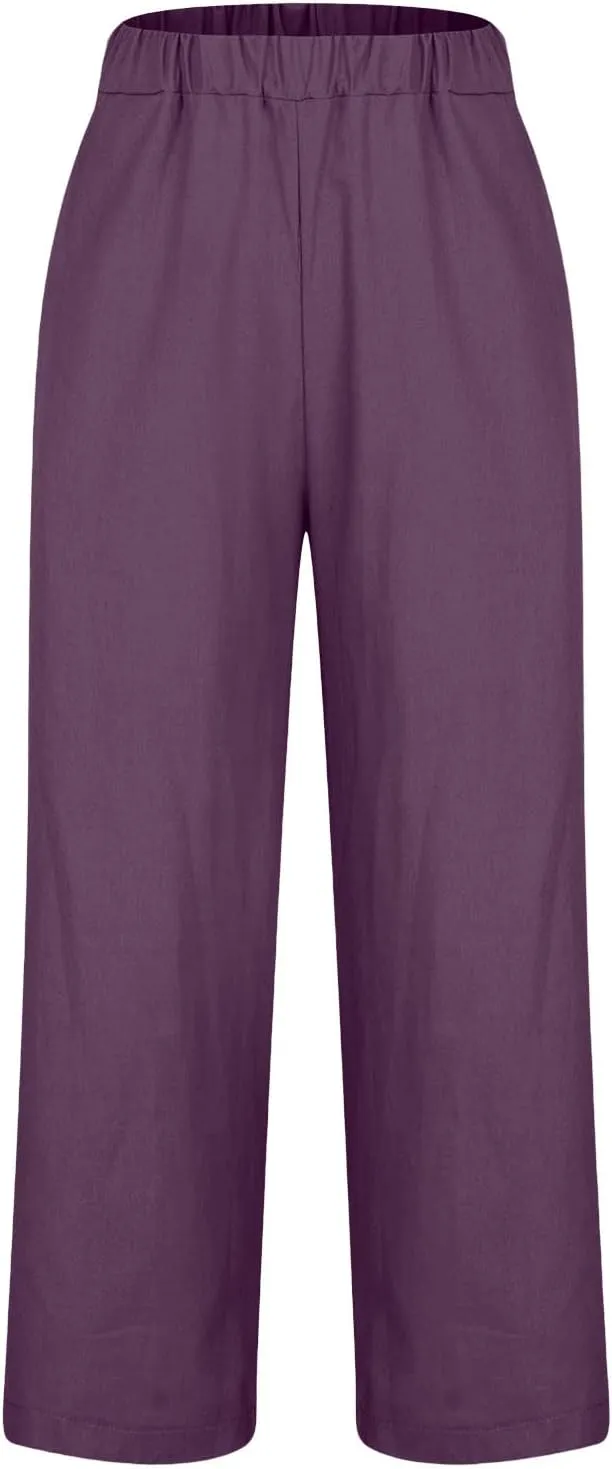 Comfy Womans Dress Pants Summer Loose Cotton Linen Pants Vacation Casual Beach Trousers Flowy Slacks with Pockets