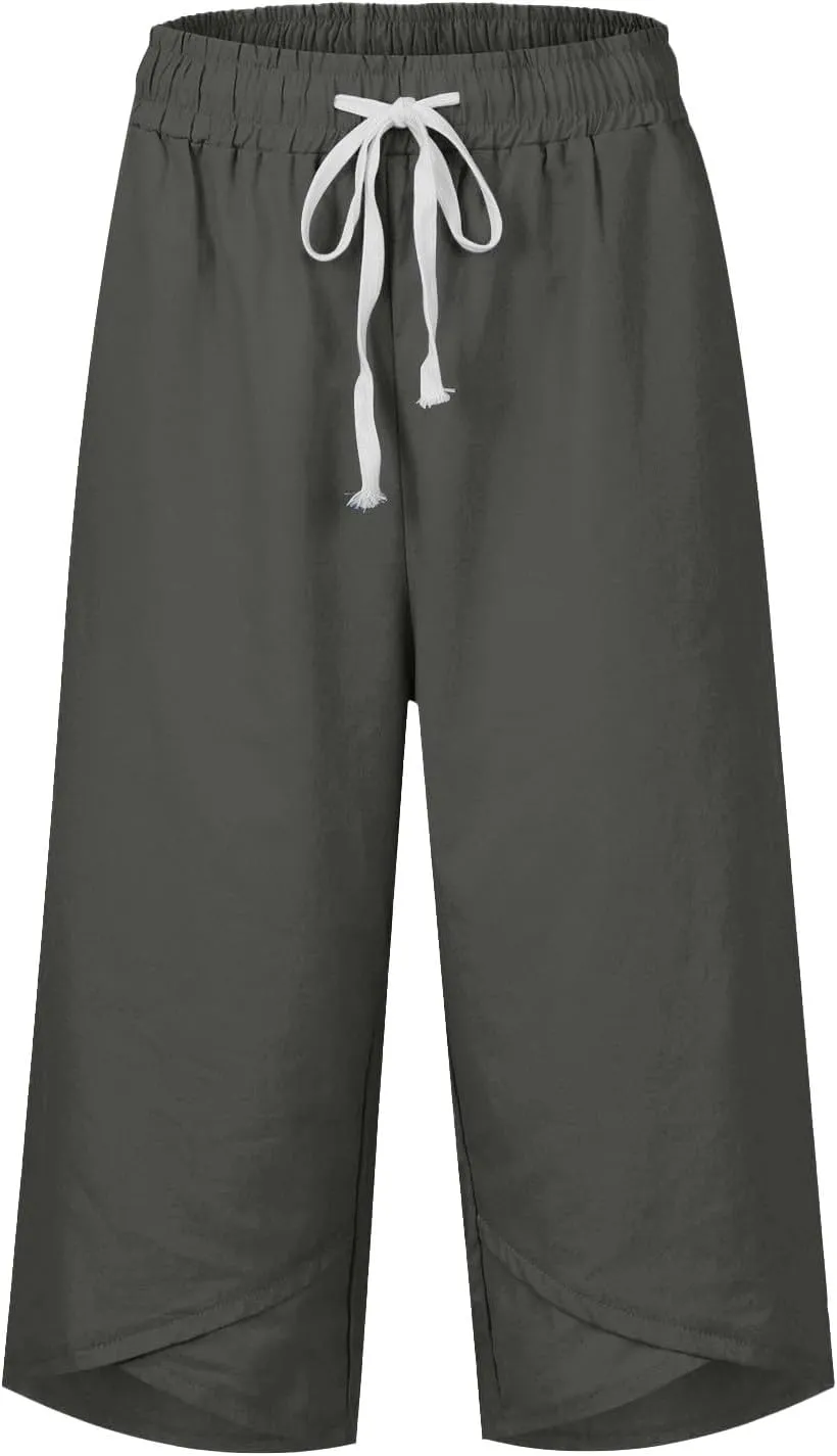 Cotton Linen Capri Pants for Women Casual Elastic Waist Drawstring Wide Leg 3/4 Short Lightweight Summer Beach Capris
