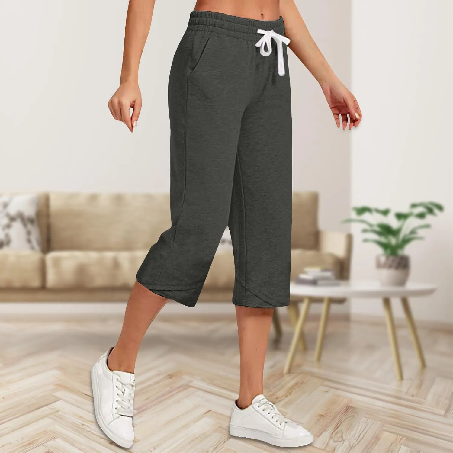 Cotton Linen Capri Pants for Women Casual Elastic Waist Drawstring Wide Leg 3/4 Short Lightweight Summer Beach Capris