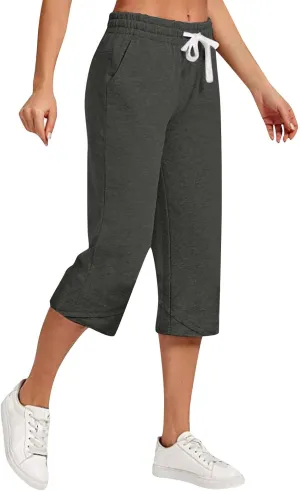 Cotton Linen Capri Pants for Women Casual Elastic Waist Drawstring Wide Leg 3/4 Short Lightweight Summer Beach Capris