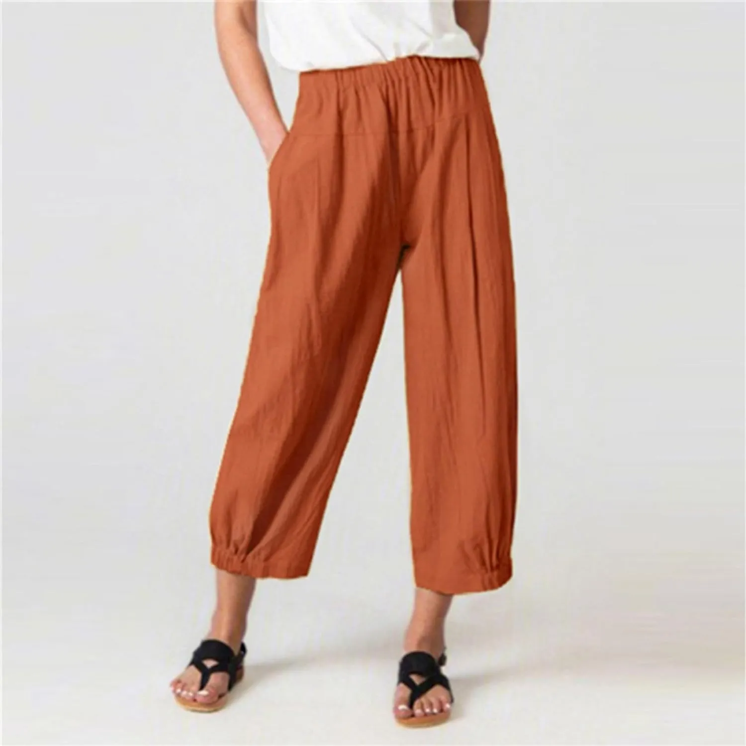 Cotton Linen Capri Pants for Women High Elastic Waisted Drawstring Cropped Pants with Pockets Beach Vacation Clothes