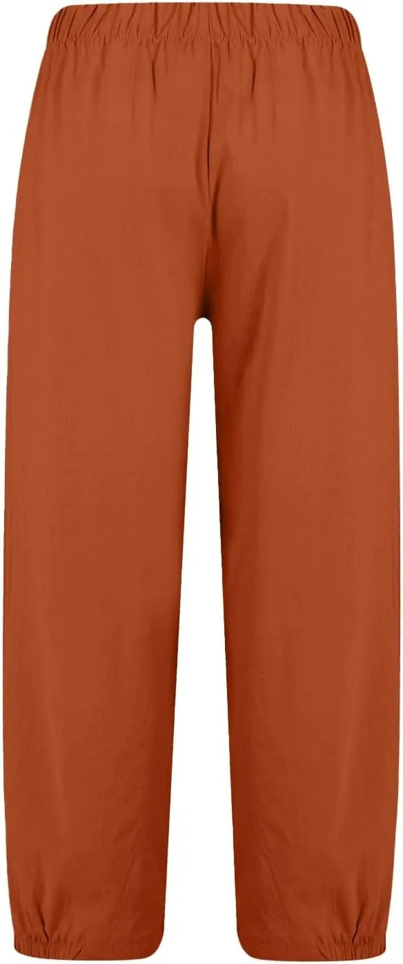 Cotton Linen Capri Pants for Women High Elastic Waisted Drawstring Cropped Pants with Pockets Beach Vacation Clothes