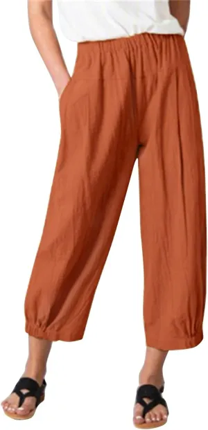Cotton Linen Capri Pants for Women High Elastic Waisted Drawstring Cropped Pants with Pockets Beach Vacation Clothes