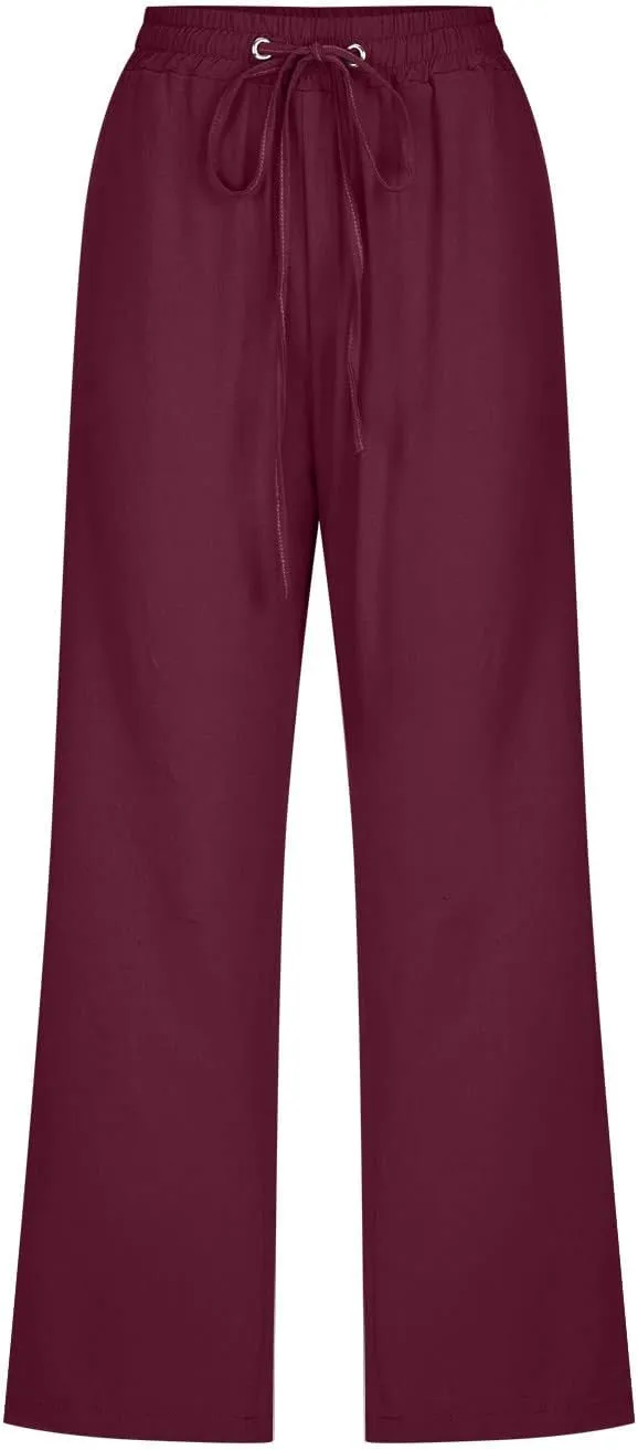 Cotton Linen Capri Pants for Women High Waist Cropped Pant Tie Knot Wide Leg Slacks Summer Beach Palazzo Trousers