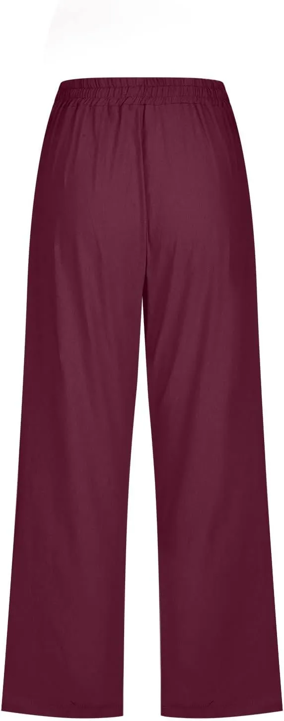 Cotton Linen Capri Pants for Women High Waist Cropped Pant Tie Knot Wide Leg Slacks Summer Beach Palazzo Trousers