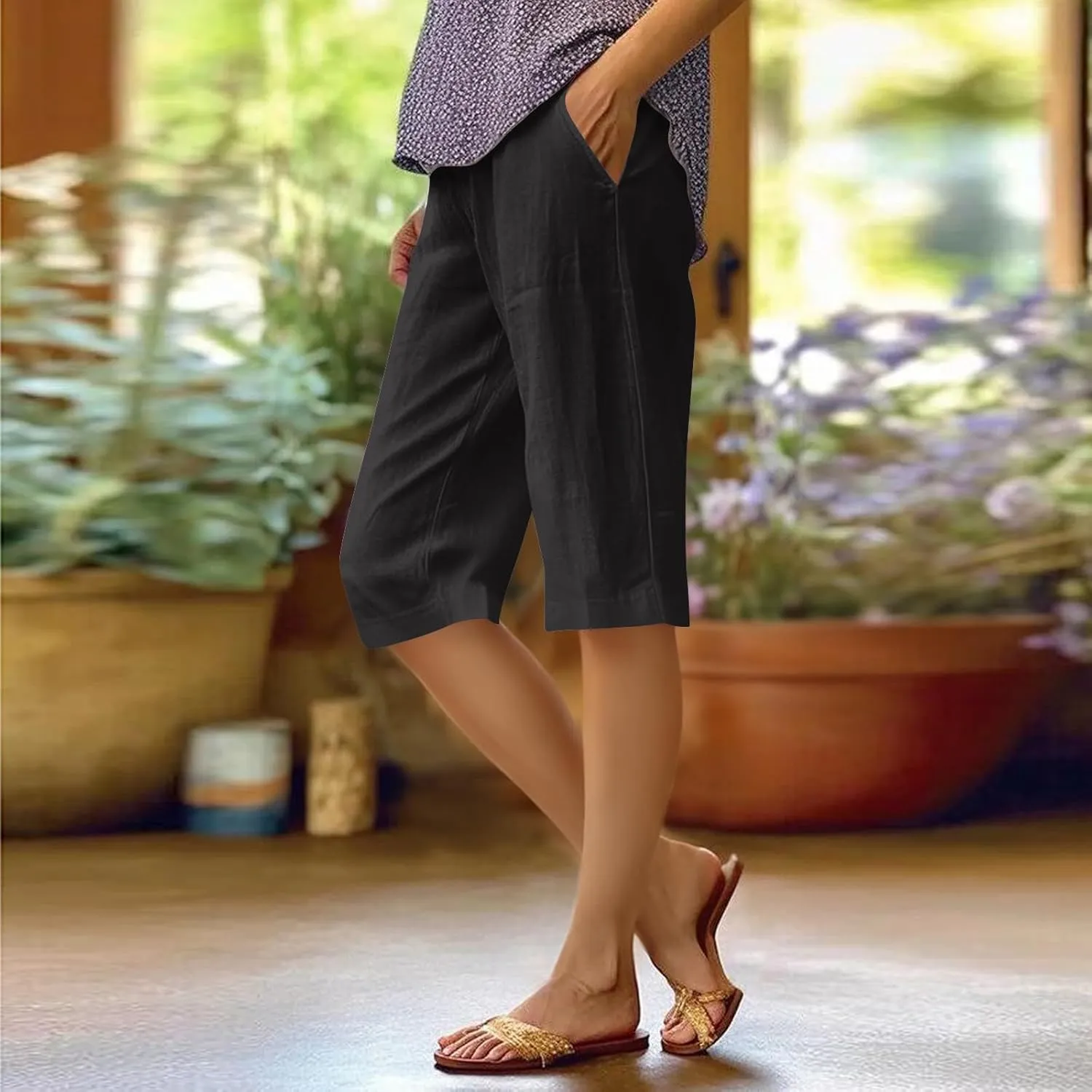 Cotton Linen Capri Pants for Women Trendy Summer High Waisted Lounge Pants Loose Straight Leg Trousers with Pockets
