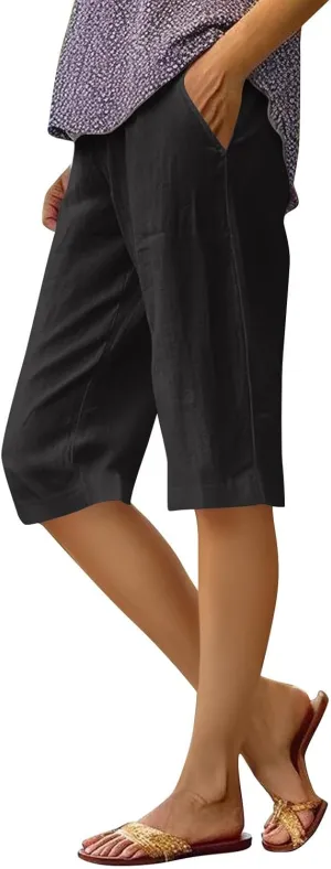 Cotton Linen Capri Pants for Women Trendy Summer High Waisted Lounge Pants Loose Straight Leg Trousers with Pockets