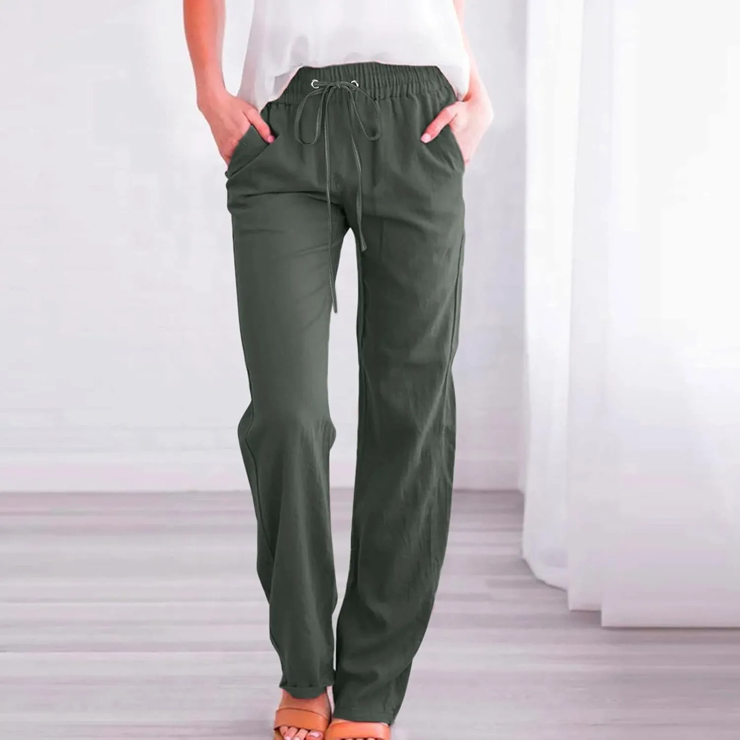 Cotton Linen Pants for Women Casual High Waist Drawstring Loose Straight Wide Leg Lounge Baggy Trousers with Pockets