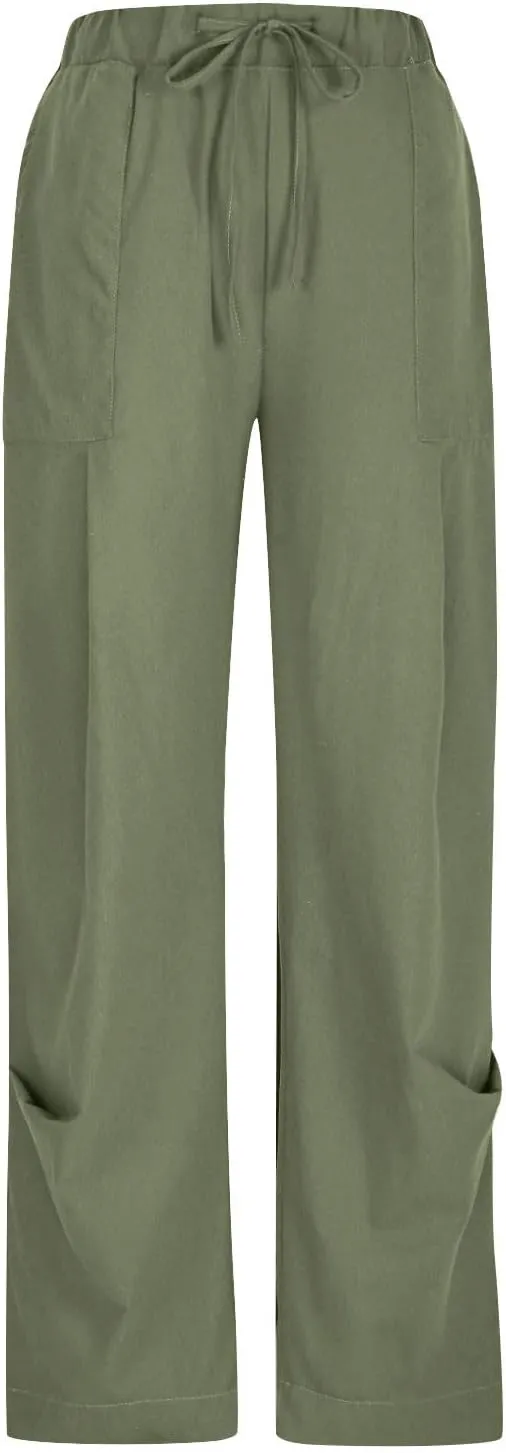 Cotton Linen Pants for Women Summer Wide Leg Pants Drawstring Elastic High Waisted Lounge Pant Casual Beach Trousers