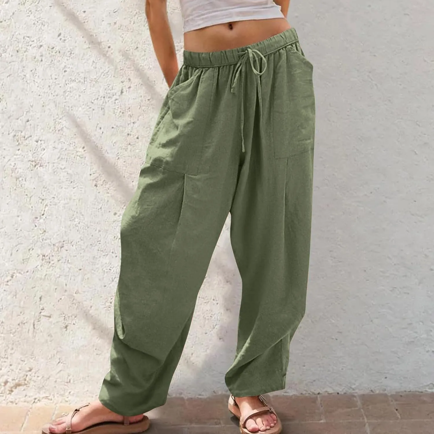 Cotton Linen Pants for Women Summer Wide Leg Pants Drawstring Elastic High Waisted Lounge Pant Casual Beach Trousers
