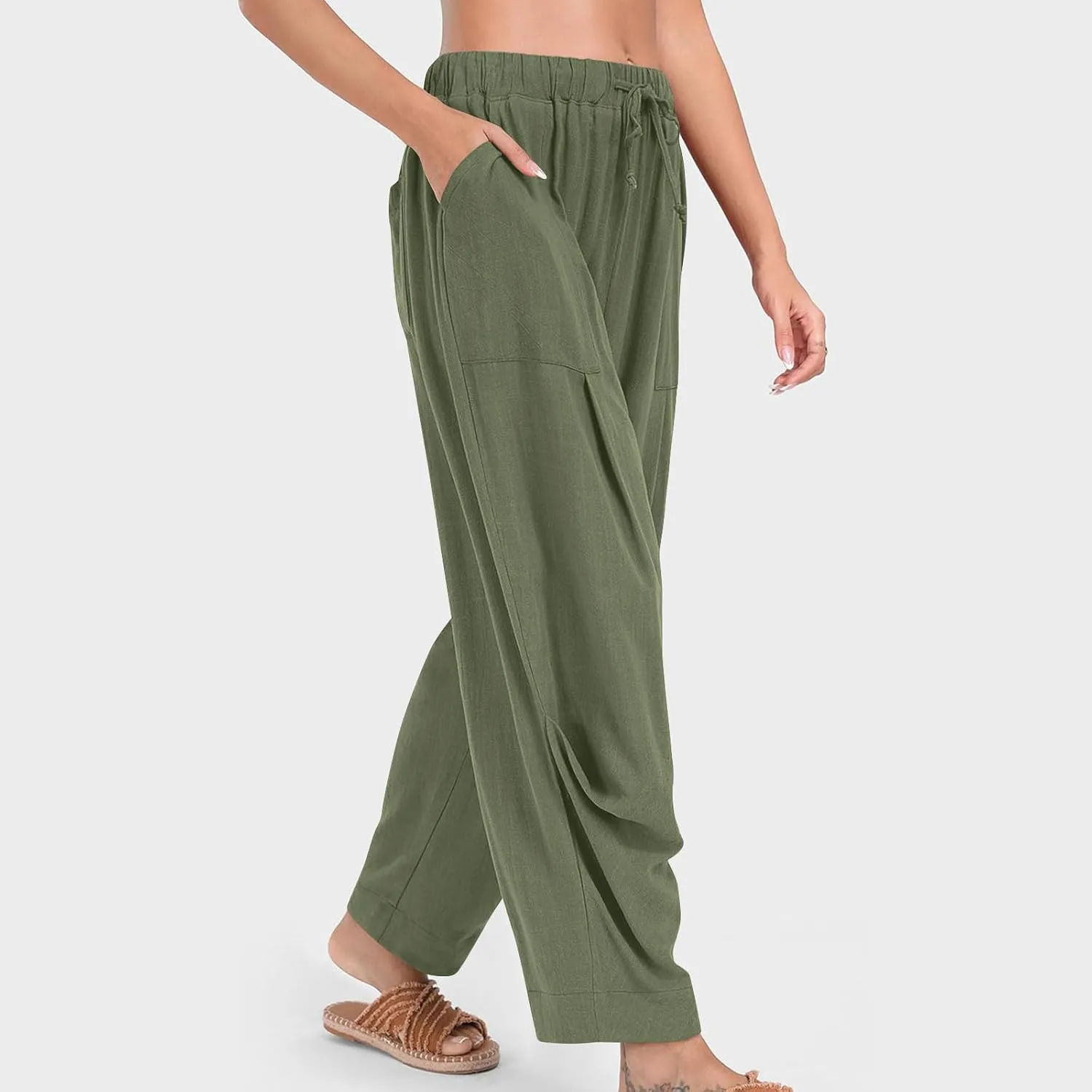 Cotton Linen Pants for Women Summer Wide Leg Pants Drawstring Elastic High Waisted Lounge Pant Casual Beach Trousers
