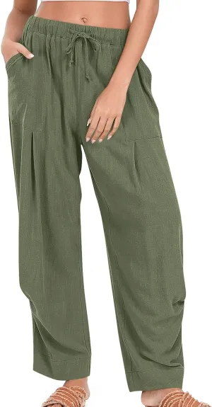 Cotton Linen Pants for Women Summer Wide Leg Pants Drawstring Elastic High Waisted Lounge Pant Casual Beach Trousers